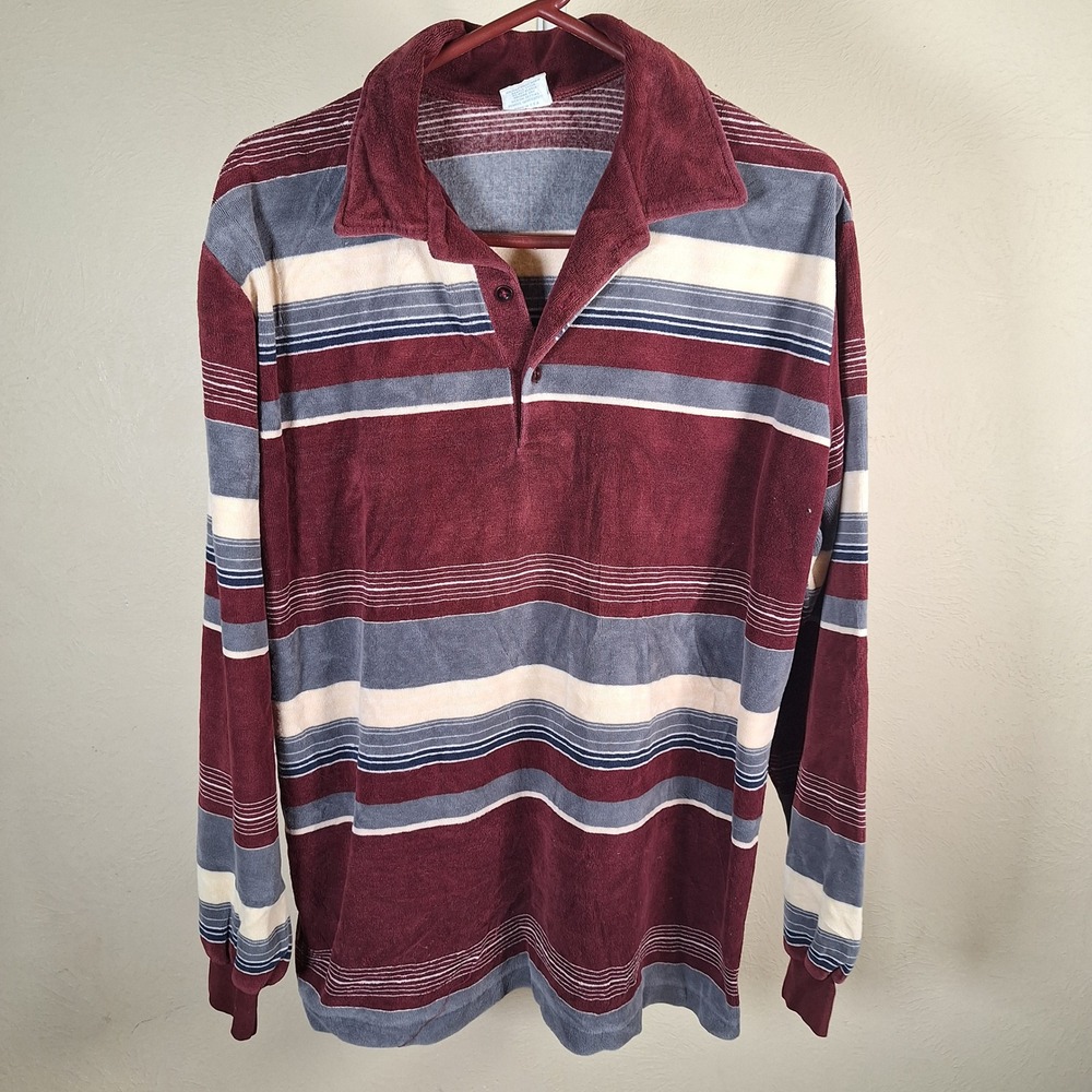 JCPenney Vintage Terrycloth Polo Shirt Long Sleeve Mens Striped Burgundy 70s 80s